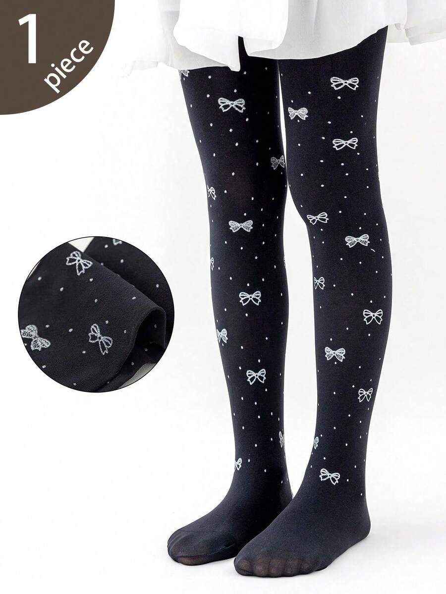 1 件女孩/儿童黑色纯色卡通蝴蝶结印花热转印打底裤袜芭蕾舞紧身裤适合日常、学校、可爱风格、所有季节 - 黑色 - 查看 1