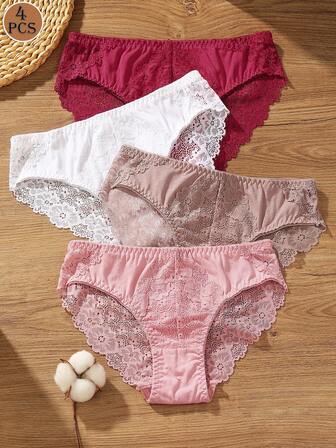 4 piezas/paquete Bragas elegantes con adorno de encaje suaves y cómodas para mujer, primavera/verano