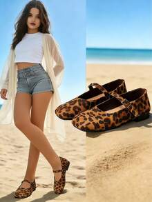Women's Leopard Print Mary Jane Flat Shoes - Buckle Round Toe Casual Comfortable Shoes, Suitable For Daily/Work Wear