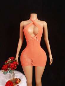 1件装女士橙色露背吊带镂空网纱连衣裙，性感修身休闲睡裙，适合日常穿着 - 橘色 - 查看 1