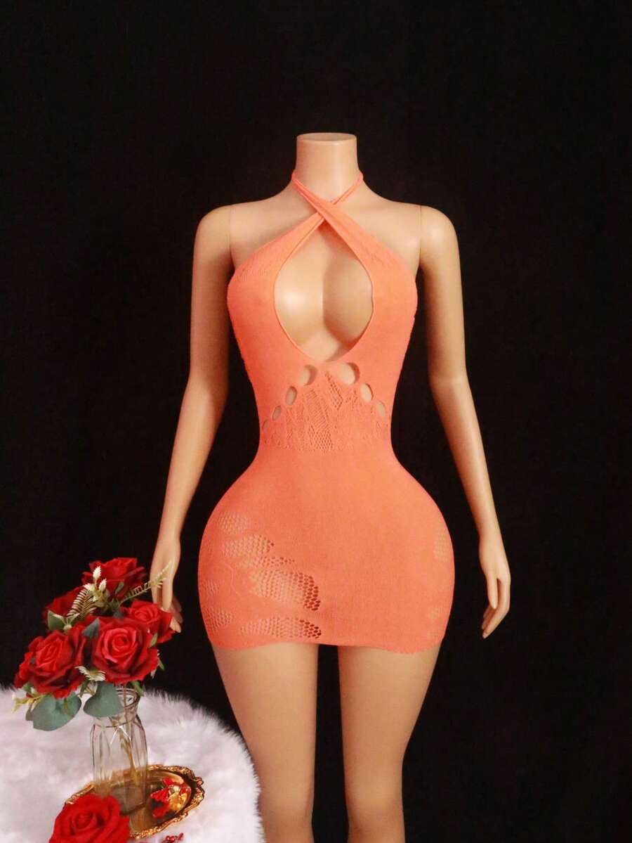 1件装女士橙色露背吊带镂空网纱连衣裙，性感修身休闲睡裙，适合日常穿着 - 橘色 - 查看 1