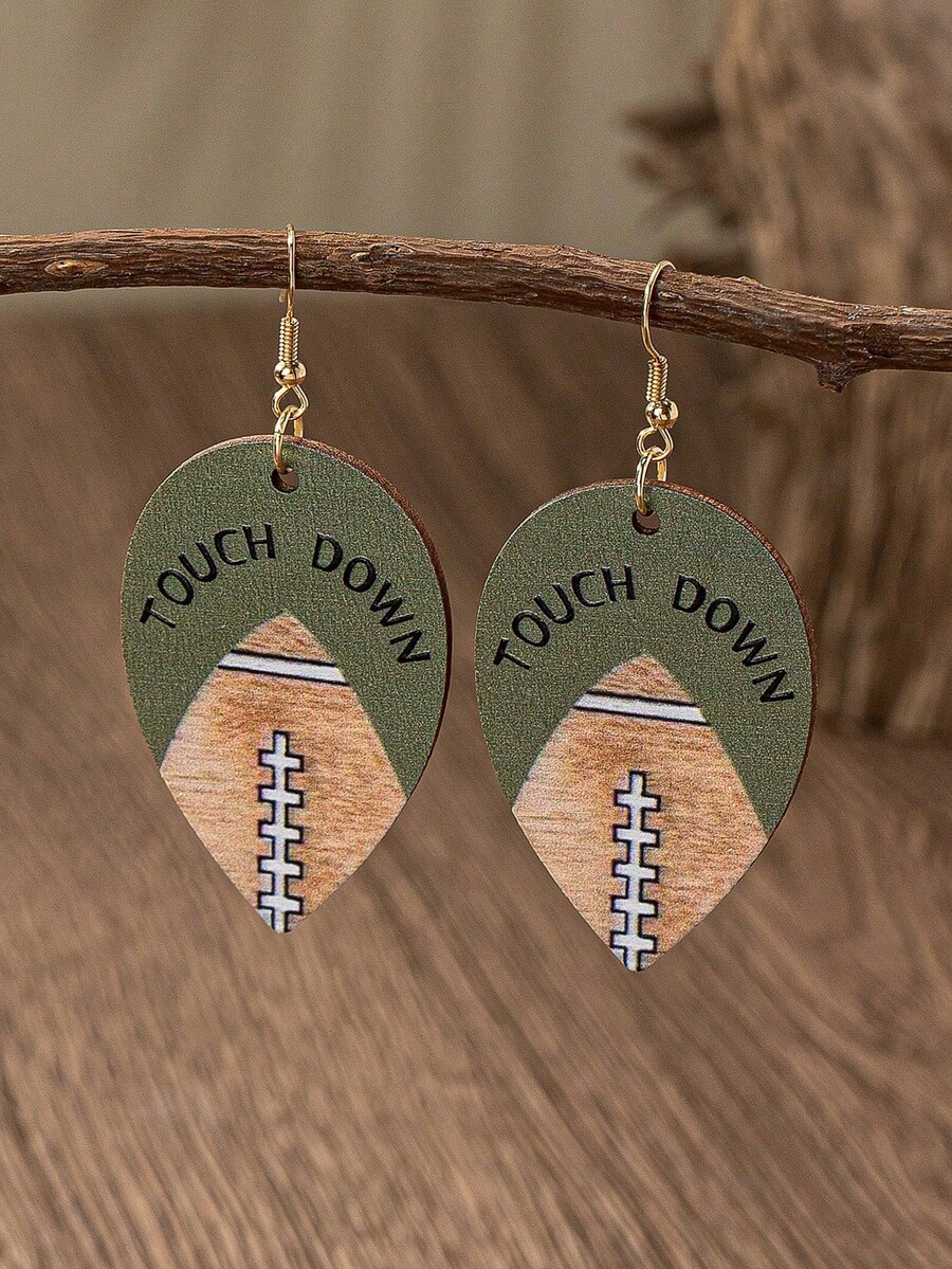 1对木质材质橄榄球比赛日达阵耳环（女士款） - 橄欖球水滴吊墜耳環 - 查看 1