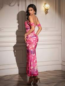 PARTHEA Vestido largo ajustado con volantes y bajo de cola de sirena con hombros descubiertos - Rosa Roja - Ver 10