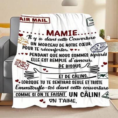 Món quà mùa đông ấm áp của bà - Chăn flannel mềm mại, ấm cúng, giữ nhiệt với khẩu hiệu tiếng Pháp, phiên bản Air Mail Love, nhiều kích cỡ cho ghế sofa và phòng ngủ, quà tặng năm mới.