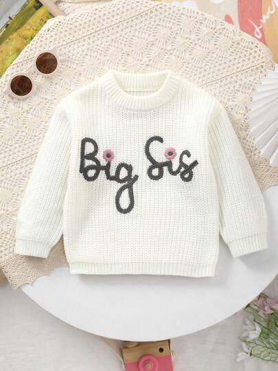 Girls "Big Sis" Letter Embroidered Knit Sweater, Suitable For Autumn/Winter Outings, Photo Shoots Or Casual Wear, Warm And Comfortable, Casual And Minimalist!