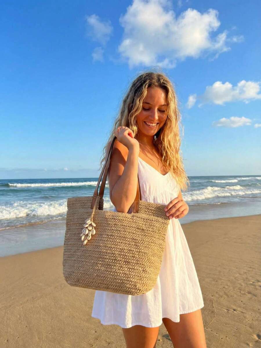 Women's Straw Bag, Beach Style, Summer, Braided Strap With Shell Pendant, Chic, Minimalist, Unisex - 卡其色 - 查看 1