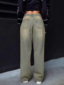 Pantalón Mujer Casual MOM JEANS Washed Tela Rígida no elástica  Straight Bolsillos Button Zipper Primavera Verano Diario Pantalón - Verde militar AV - Ver 5