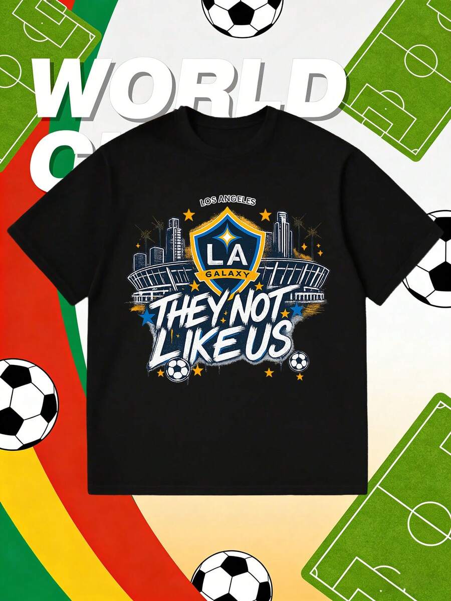 No les gustamos - Los Angeles Soccer | Camiseta, suéter o sudadera con capucha de cuello redondo informal, con arte de grafiti, temática de fútbol y campeonato, manga corta, corte regular, perfecta para hombres. - Negro - Ver 1