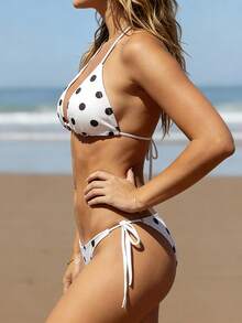 Women's Polka Dot Halter Bikini Set Adjustable Tie Side 2-Piece Swimwear For Beach Vacation - 白色 - 查看 3