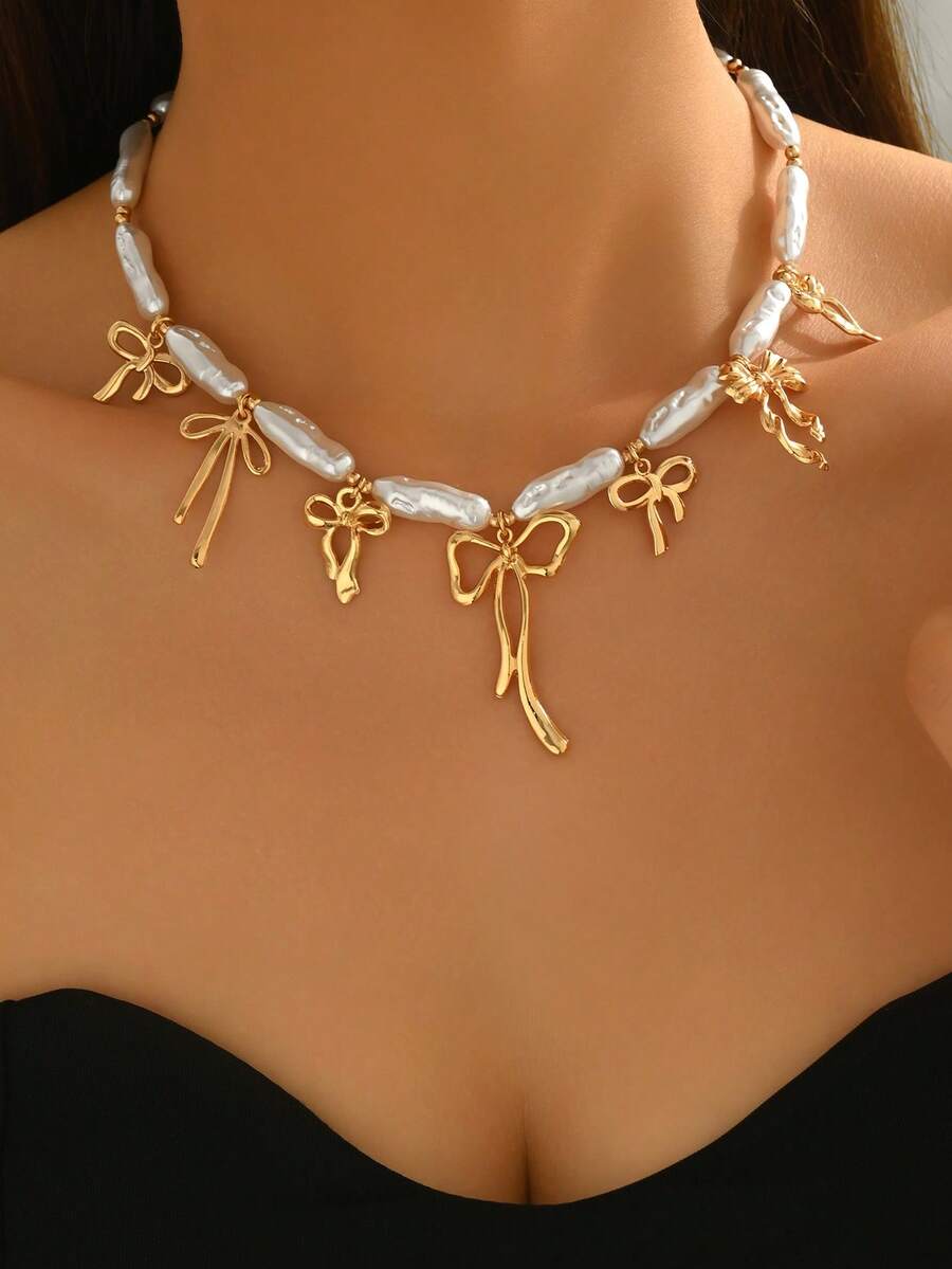 1pc Elegant Versatile Long Faux Pearl CCB Beaded Clavicle Chain, Romantic Alloy Bow Pendant Necklace, Fashion Jewelry For Women, Suitable For Daily Wear And Party/Date - Multicolor - View 1