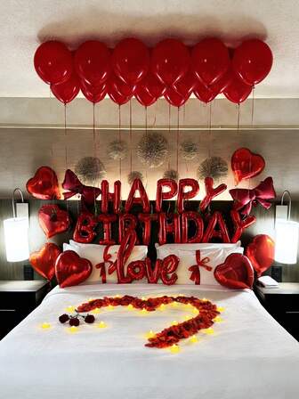 40件套红色生日快乐装饰气球套装，包含16英寸生日快乐字母气球、心形气球和乳胶气球，以及连体爱心气球，适用于红色主题、生日派对装饰、婚礼、情人节装饰、迎婴派对主题、拍照背景、派对装饰等。