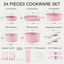 5pcs /7pcs/24 Pcs Pots And Pans Set Non Stick, Ceramic Cookware Set With Detachable Handles, Healthy Induction Cookware Oven RV Kitchen Set - Hồng 24 chiếc - Xem 9