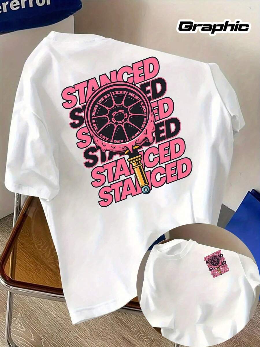 Men'S "Stanced" Graphic T-Shirt - Pink & Black Design With Car Wheel & Screwdriver Illustration, Breathable Polyester Blend, Casual Streetwear For Gym, Workouts & Casual Attire, Workout Shirts, Gym Apparel, Bold Print Shirt, Comfortable Fit - White - View 1