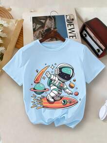 3件套男童酷炫街头风宇航员太空图案印花T恤，休闲圆领套头衫，夏秋季款