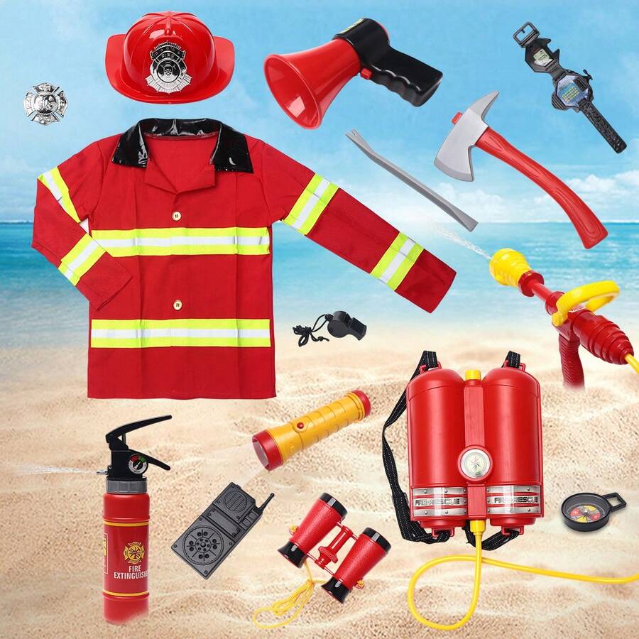 Conjunto de juego de roles de bombero para niños, para que niños y niñas se involucren en juegos de roles, desarrollando conciencia de contra incendios, equipado con accesorios realistas de bombero, que incluyen un extintor con rociador de agua, mochila de bombero con pistola de agua, linterna, megáfono, reloj, hacha contra incendios, uniforme de bombero, insignia de bombero, adecuado para uso en exteriores, sala de estar, actuaciones en el escenario, juego de roles, regalo de cumpleaños - Multicolor - Ver 1