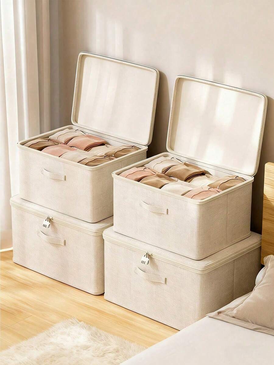 1个带盖可折叠亚麻收纳篮，多用途大容量整理盒，可用于存放衣物、玩具、换季物品和家居用品 - 米色 - 查看 1