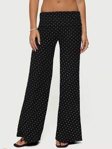 Women Fold Over Yoga Pants Low Rise Solid Color Stretch Casual Straight Wide Leg Palazzo Pants Loose Fit Comfy Flared Leggings Gym Lounge Pants Bootcut Bell Bottoms Baggy Sweatpants Teen Girl Back To School Bottoms Y2k Streetwear - 全波點黑 - 查看 1