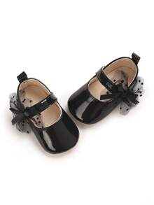 时尚百搭柔软PU皮革可爱蝴蝶结婴儿鞋，复古港式公主鞋，适合女婴 - 黑色 - 查看 3