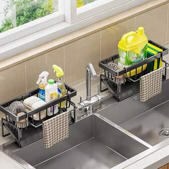 1 pieza Organizador de fregadero de cocina, Organizador de baño, Soporte para esponja de grifo de cocina, Escurridor de esponja, Jabón, Cepillo, Toalla, Estropajo, Accesorios de baño y cocina