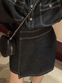 新款不对称下摆女士休闲裹身牛仔迷你裙 - 黑色 - 查看 2