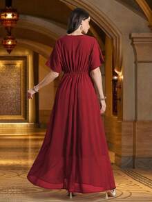 Women's V-Neck Solid Color Embroidered Elegant High Waistline Raglan Sleeve Maxi Arabian Dress Spring - Burgundy - View 3