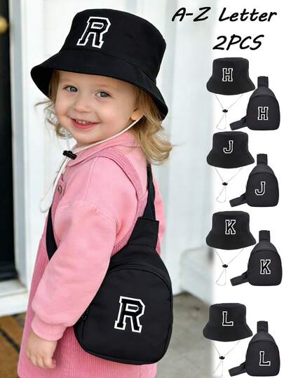 2 Pcs Letter A-Z Cute Baby Bucket Hat And Bag Boy Girl Kids Sun Hat Outdoor Child Toddler Panama Cap Clothes Accessory