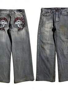 Men's American-Style Street Retro Skull Embroidered Loose Jeans For Hip-Hop And Streetwear, Distressed Wide-Leg Long Pants - black gray(灰黑色) - 查看 4
