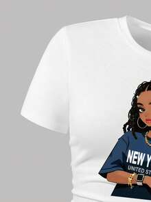 少女卡通印花短袖上衣和牛仔裙套装 - 白色 - 查看 4