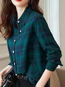 1 Áo sơ mi kẻ caro bằng polyester cài nút phía trước dành cho nữ, thích hợp cho các buổi hẹn hò, ngày lễ, mặc hàng ngày, mùa xuân/hè/thu - Màu xanh lá cây đậm - Xem 2