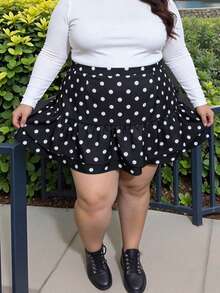 Women's Plus Size Skirt Stylish Dot Print High Waist Ruffled Hem A Line Skirt For Spring/Summer - Black - View 1