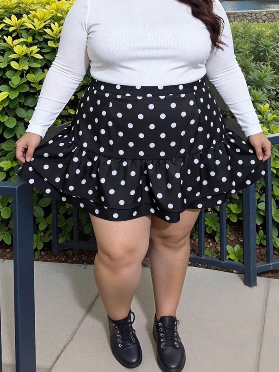 Women's Plus Size Skirt Stylish Dot Print High Waist Ruffled Hem A Line Skirt For Spring/Summer - Black - View 1