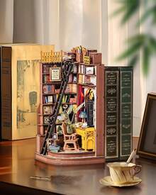 Robotime Rolife Reading Corner With Bookends – 3D Miniature Model Made Of Wood, Library Scene With LED Lighting, Foldable Bookends, Retro Desk Decoration, Suitable For Bookshelves - màu nâu - Xem 4