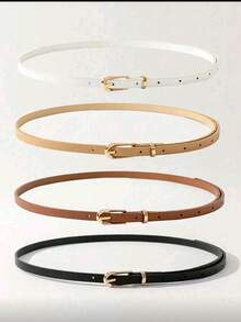 4件套女士经典细腰带套装，纯色搭扣可调节腰带，适合S码裤子、裙子，休闲、办公、派对服装皆宜，衣橱必备配饰 - 金扣100 - 查看 1