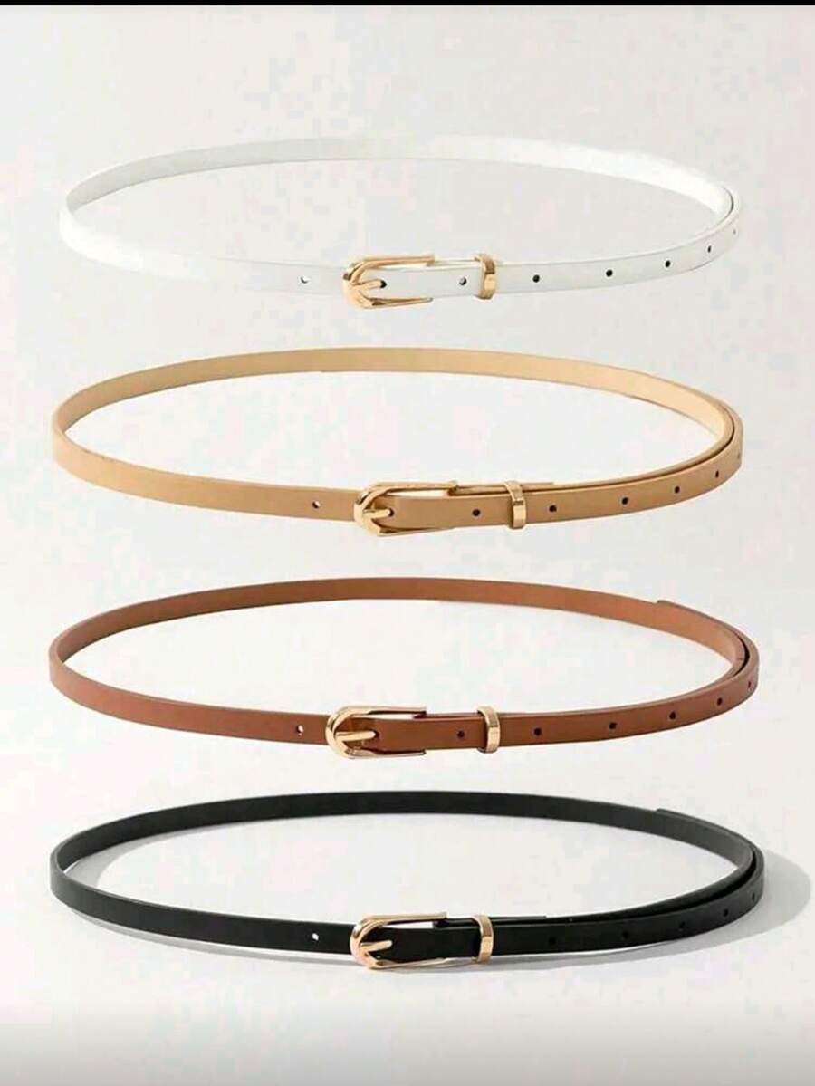 4件套女士经典细腰带套装，纯色搭扣可调节腰带，适合S码裤子、裙子，休闲、办公、派对服装皆宜，衣橱必备配饰 - 金扣100 - 查看 1