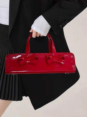 Y2K Style Shiny Red Bow Handbag, Unique Elongated Portable Travel Bag, Valentine's Day Purse