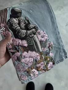 Men's Heavy-Duty Flower-Embroidered Denim Pants, Same Style For Both Men And Women,  High Street Fashion, Straight-Leg, Floor-Length Pants - 藍色 - 查看 4