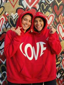 Valentines Day Essential, Bestie/Couple Matching, Women's Double-Layer Hooded Long Sleeve Sweatshirt With Pockets, One Size Fits All, Fleece Lining For Warmth, Slogan Letter Print, Suitable For Autumn, Winter & Spring, Versatile For Vacation/School/Home/Daily/Streetwear/Photo Shoots, Minimalist/Y2K/Casual/Collegiate/Streetwear/Office/Cute/, Valentine's Day/New Year/Easter/Ramadan, Women's Autumn Clothing, Women's Winter Clothing, Valentine's Day Outfit, New Year Women's Clothing Combo, Fashionable Printed Hoodie, Women's Hooded Sweatshirt - Red - View 8