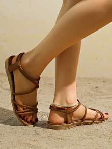 Brown Adjustable Strap Flat Sandals, Open Toe, Roman Style, Beach & Holiday
