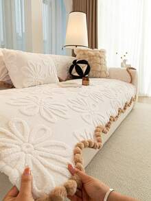 1件装可水洗防滑沙发套，适用于带3个靠枕的L型沙发，绗缝设计，磁扣闭合，保护沙发 - 蓬松灰色沙发套 - 白色 - 查看 7