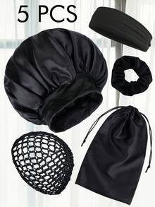 5pcs Satin Hair Caps For Women | Wide-Brim Sleep Caps With Soft Hair Scrunchies, Soft & Fragrance-Free, Protect Curly Hair, Polyester Elastic Headband Satin Hair Nets, Breathable Mesh - Multicolor - View 8