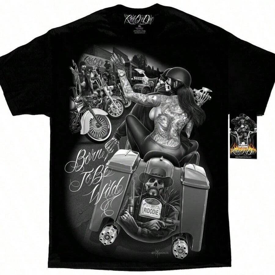 DGA David Gonzales Art Ride Or Die Born To Be Wild Tattoo Biker Punk Mens Shirt - 黑色 - 查看 1