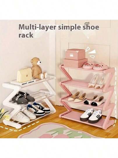 4-Tier Large Z-Shaped Shoe Rack, Easy Assembly No Tools Required, Pink Plastic Stackable Storage Rack, Suitable For Home, Dorm And Living Room, Space-Saving Floor-Standing Design, Shoe Organizer