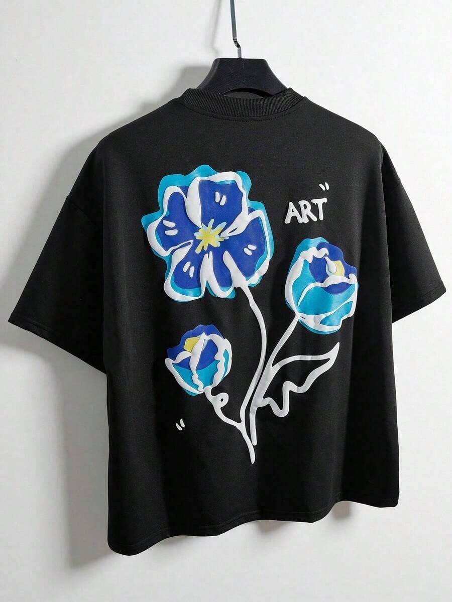 Camiseta de hombre con estampado floral, estilo urbano, adecuada para actividades al aire libre, festivales de música, salidas informales, se puede usar como regalo para novio/esposo, regalo de aniversario, de manga corta. - Negro - Ver 1