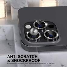 ZYONS 3pcs Glitter Camera Lens Protector, 9H Tempered Glass Lens Cover With Rhinestone Decoration, Compatible With IPhone 17 Pro Max/17 Pro/17 Air/17/16 Pro Max/16 Pro/16 Plus/16/15 Pro Max/14 Pro Max/13 Mini/12/11 Series Applicable To Daily Shield, Office, Home Daily Shield Office Home Phone Camera Cover Sparkling Crystal Waterproof Shockproof Anti-Fall Scratch Resistant - Black - View 3
