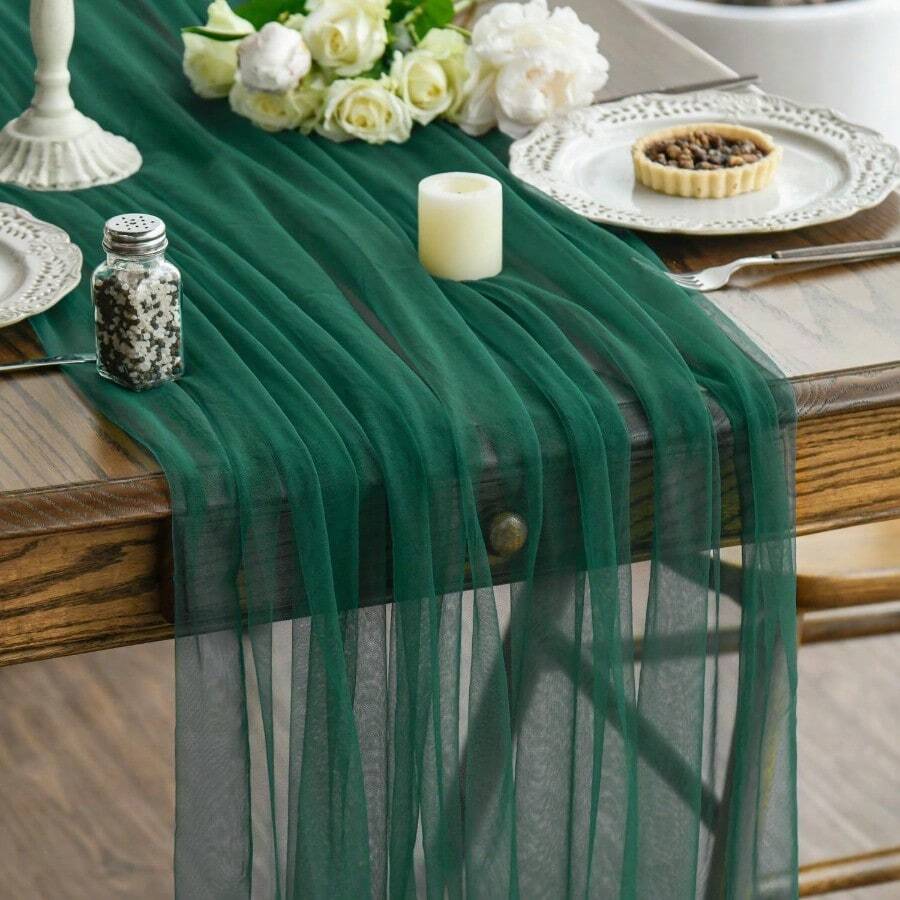 Artoid Mode - Camino de mesa de gasa verde oscuro 120 pulgadas 10 pies transparente de temporada cocina comedor día festivo boda cumpleaños baby shower decoración para fiestas en casa - Y verde - Ver 1