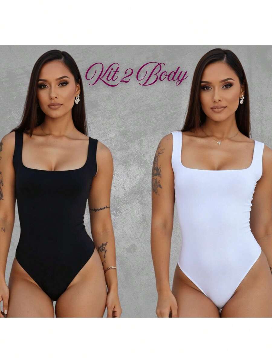 SET OF 2 Women's Square Neck Tank Top Bodysuits With Thin Straps In Spandex - BLACK WHITE - View 1