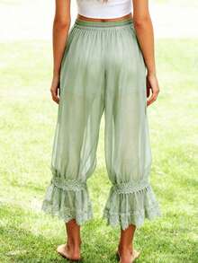 Women Long Bloomer Pants Lace Patchwork Drawstring Elastic Waist Victorian Capri Pants Lounge Pettipants - Verde - Ver 3
