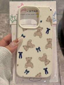1pc Teddy Bears And Bows Phone Case Compatible With IPhone 16 Pro Max 15 14 13 12 Plus Double-Layer Beige Leather Pattern Phone Case