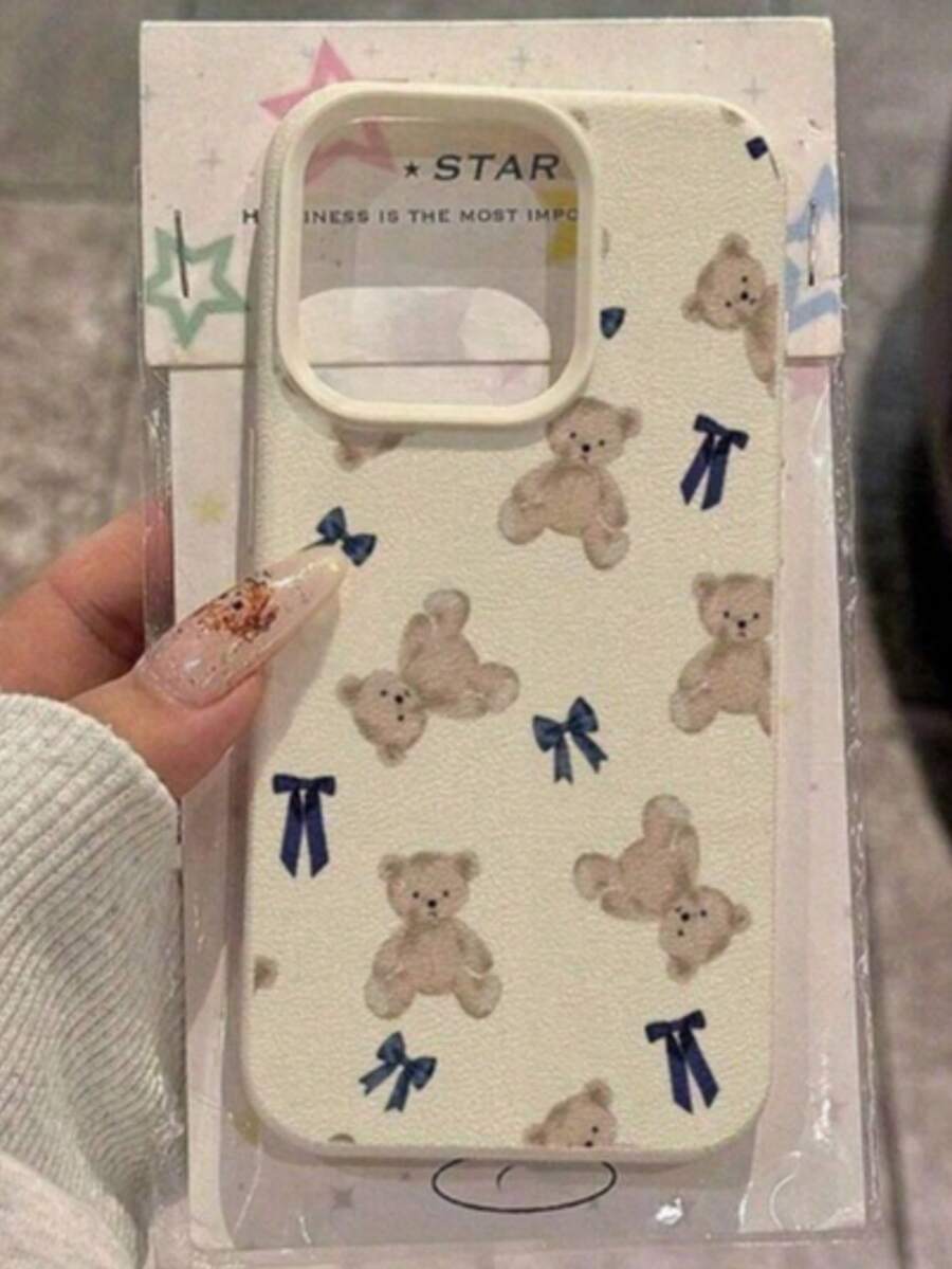 1pc Teddy Bears And Bows Phone Case Compatible With IPhone 16 Pro Max 15 14 13 12 Plus Double-Layer Beige Leather Pattern Phone Case