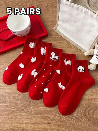 5 par damstrumpor, mönster med tecknade katter, hundar och , mångsidiga för alla årstider, söta och moderiktiga, mjuka och bekväma, avslappnade strumpor till mitten av vaden